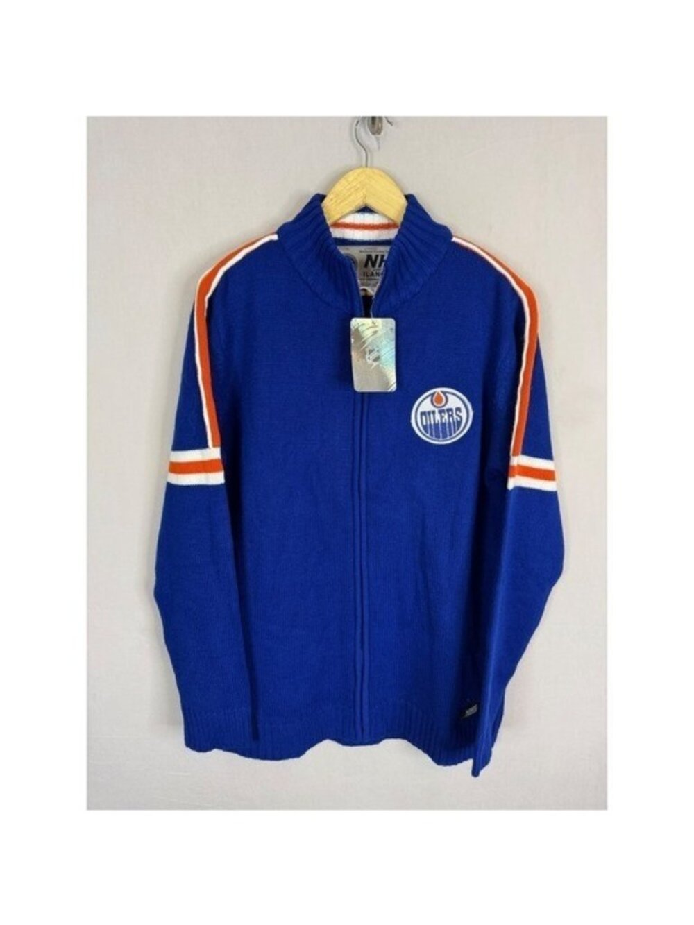 NHL Ilanco Edmonton Oilers Full Zip Knit Sweater Blue Orange Mens Large Vintage
